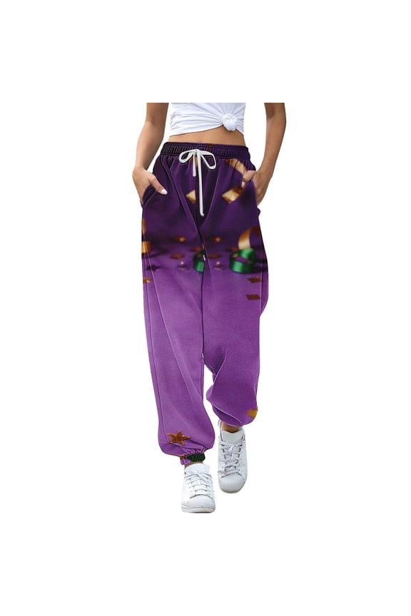 Women's 80s and 90s Sweatpants Mardi Gras Retro Print Jogger Pants Fun Athletic Pants with Pockets