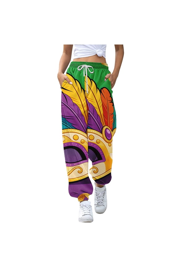Women's 80s and 90s Sweatpants Mardi Gras Retro Print Jogger Pants Fun Athletic Pants with Pockets