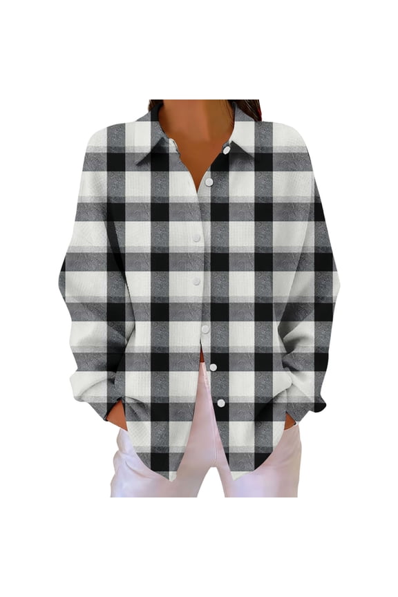Women's Button Down Flannel Shirts Plaid Shacket Long Sleeve Collared Tops Work Blouses