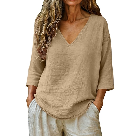 QASIEATN Women's Casual V Neck 3/4 Sleeve Linen Blouse Loose Fit Solid Color Tops for Summer Fall Fashion Outfits for Women