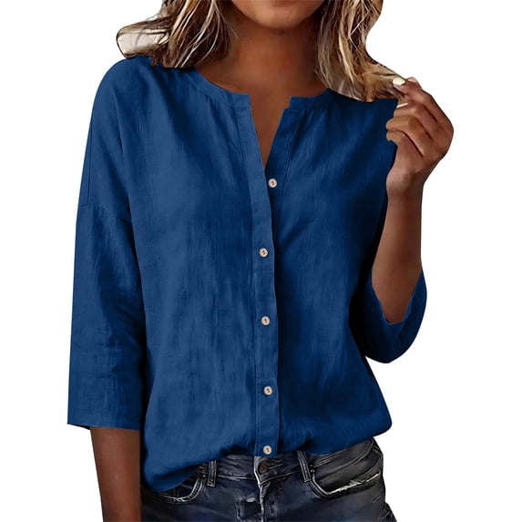 QASIEATN Women's Casual V Neck Button 3/4 Sleeve Linen Blouse Loose Fit Solid Color Tops for Summer Fall Fashion Outfits for Women