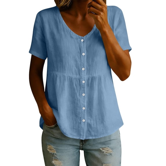QASIEATN Women's Cotton Linen Shirt Tops Casual V Neck Short Sleeve Button Down Tee Shirt Blouses Fall Fashion Outfits for Women