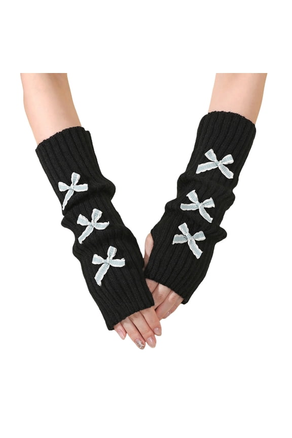 Women's Everyday Wear Accessories Women's Bow Printed Fingerless Gloves Soft Knitted Arm Warmer Solid Color Fingerless Mitten for Women
