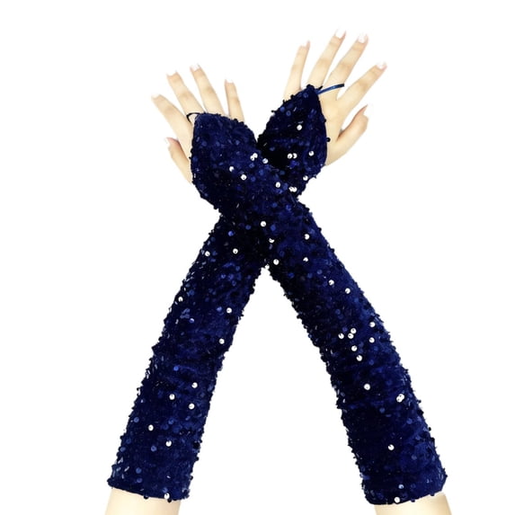 QASIEATN Women's Festival Accessories Mardi Gras Sparkly Sequin Gloves Long Velvet Length Arm Sleeves Wedding Prom Gloves for Women