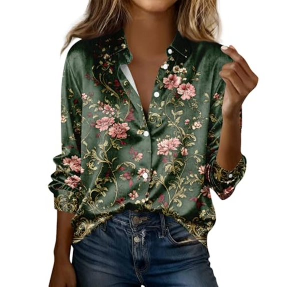 QASIEATN Women's Long Sleeve Button Down Satin Shirt Casual Print Clothing Summer Blouse Fashion Clothing