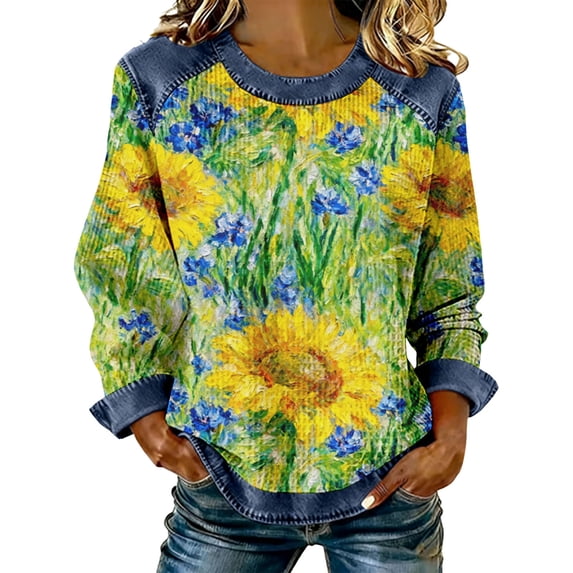 QASIEATN Women's Off Shoulder Multicolor Print Sweatshirt Cozy Long Sleeve Oversized Fit Stylish Tops