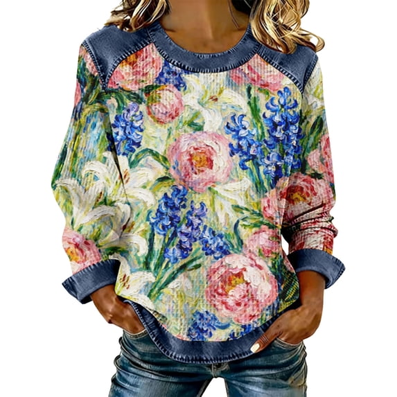 QASIEATN Women's Off Shoulder Multicolor Print Sweatshirt Cozy Long Sleeve Oversized Fit Stylish Tops
