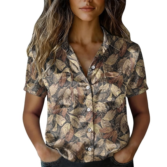 QASIEATN Women's Retro Shirt Women's Satin Printed Short Sleeved Shirt Vacation Style Shirt
