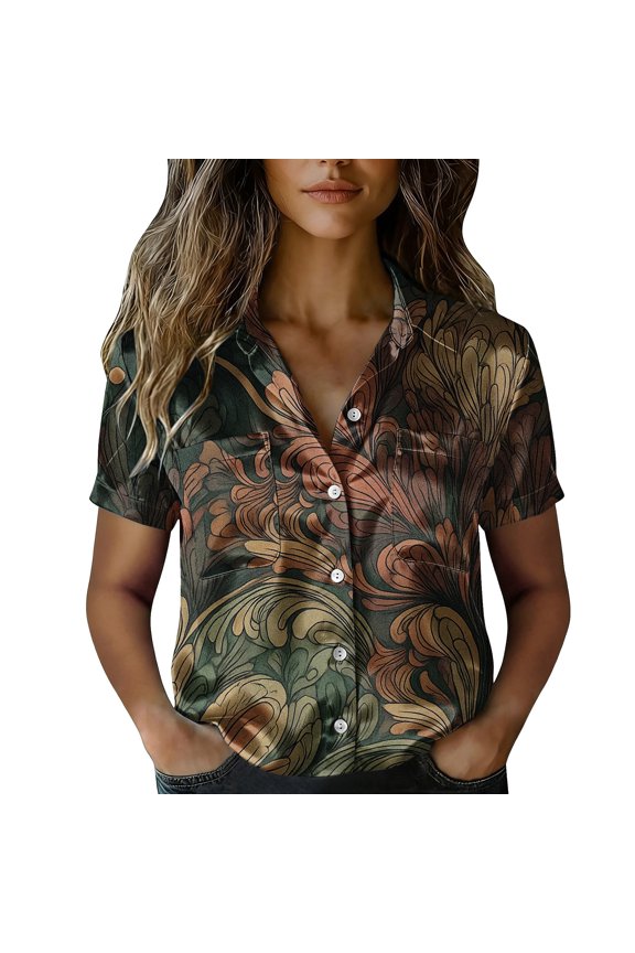 Women's Retro Shirt Women's Satin Printed Short Sleeved Shirt Vacation Style Shirt