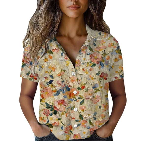 QASIEATN Women's Shirts Summer Lightweight Blouses Short Sleeve Shirts for Women Collared Casual Tops