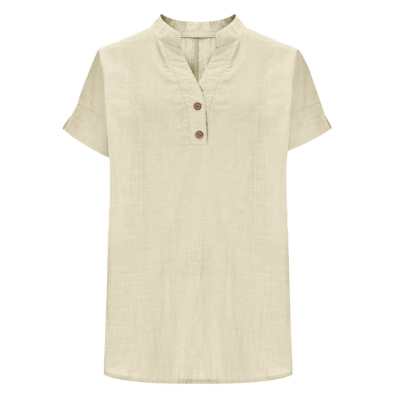 QASIEATN Women's Spring and Summer Trendy Casual V Neck Tshirt Plus Size Hoodless Top Solid Color Loose Linen Blouse
