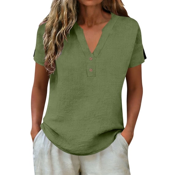 QASIEATN Women's Spring and Summer Trendy Casual V Neck Tshirt Plus Size Hoodless Top Solid Color Loose Linen Blouse