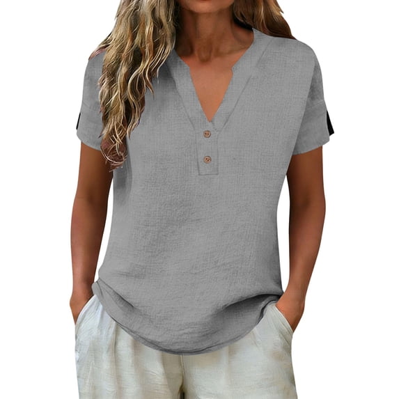 QASIEATN Women's Spring and Summer Trendy Casual V Neck Tshirt Plus Size Hoodless Top Solid Color Loose Linen Blouse