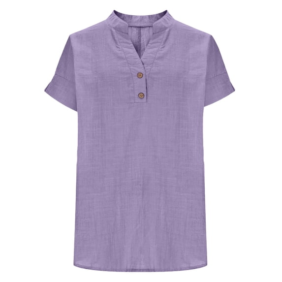 QASIEATN Women's Spring and Summer Trendy Casual V Neck Tshirt Plus Size Hoodless Top Solid Color Loose Linen Blouse