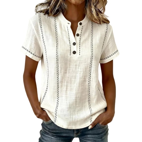 QASIEATN Women's Stripe Button V Neck Fashion Casual T Shirt Short Sleeve Regular Fit Spring Summer Daily Top Fall Fashion Outfits
