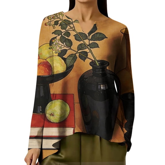 QASIEATN Women's V Neck Long Sleeve Top Asymmetrical Shirt Blouse Summer Graphic Tee Tops