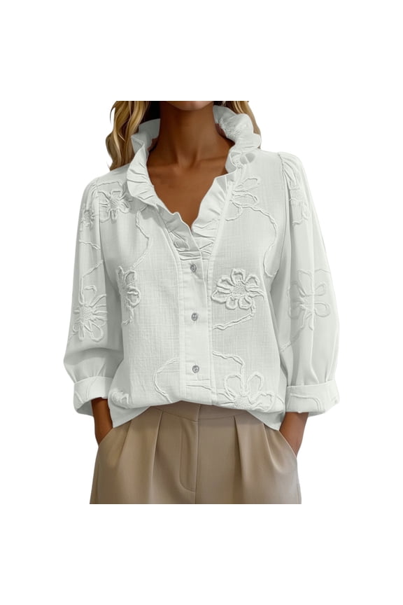 Women's White Textured Embroidery Blouse Ruffled V Neck Long Puff Sleeve Button Down Casual Tops