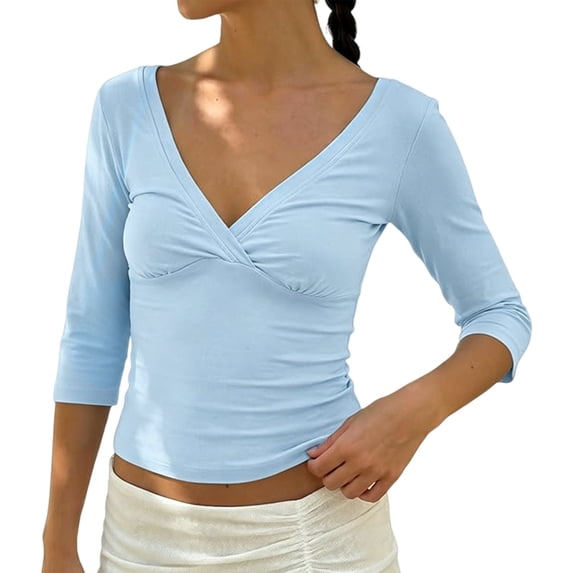 QASIEATN Womens 3/4 Sleeve Deep V Wrap Neck Ruched Crop Tops Summer Open Back Tshirt Slim Fit Classic Blouse Tee Fall Fashion Outfits