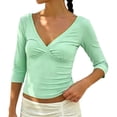 thumbnail image 1 of QASIEATN Womens 3/4 Sleeve Deep V Wrap Neck Ruched Crop Tops Summer Open Back Tshirt Slim Fit Classic Blouse Tee Fall Fashion Outfits, 1 of 9