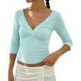 thumbnail image 1 of QASIEATN Womens 3/4 Sleeve Deep V Wrap Neck Ruched Crop Tops Summer Open Back Tshirt Slim Fit Classic Blouse Tee Fall Fashion Outfits, 1 of 9