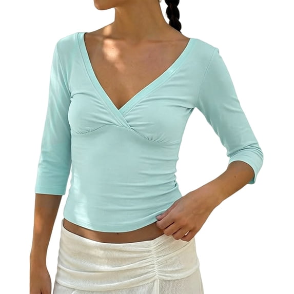 QASIEATN Womens 3/4 Sleeve Deep V Wrap Neck Ruched Crop Tops Summer Open Back Tshirt Slim Fit Classic Blouse Tee Fall Fashion Outfits
