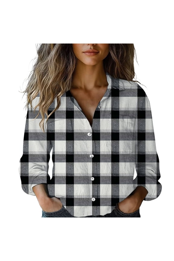 Womens Casual Cuffed Long Sleeve Button Down Plaid Flannel Shirt Tops Summer Blouse Fashion Clothing