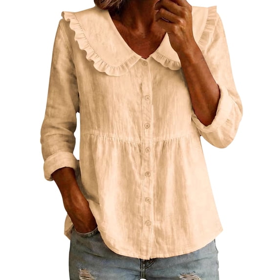 QASIEATN Womens Collar Long Sleeve Button Down Shirts Cotton Blend Casual Solid Color Shirts