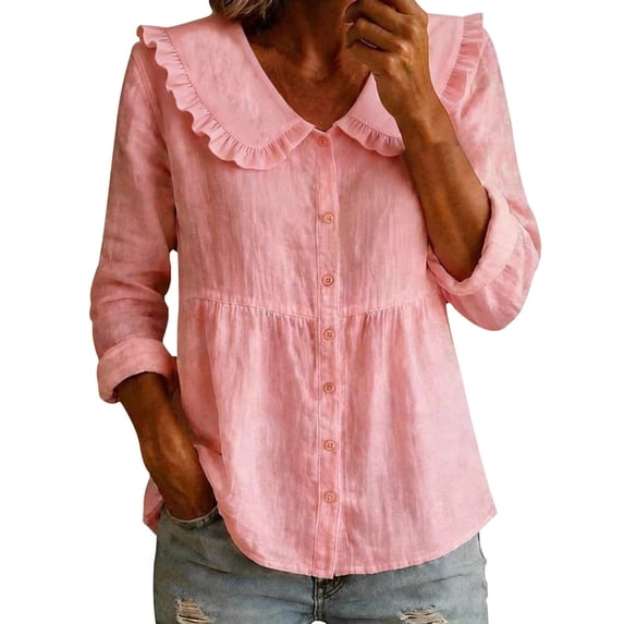 QASIEATN Womens Collar Long Sleeve Button Down Shirts Cotton Blend Casual Solid Color Shirts
