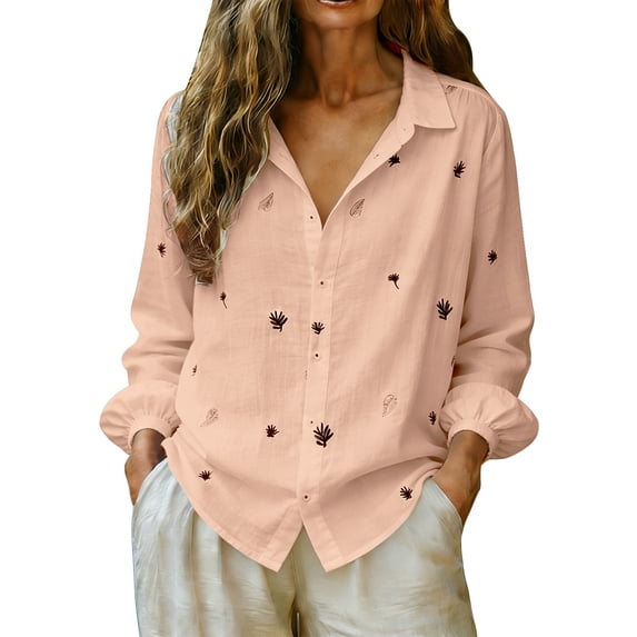 QASIEATN Womens Cotton Linen Shirt V Neck Button Down Roll Up Long Sleeve Lapel Blouse Tops