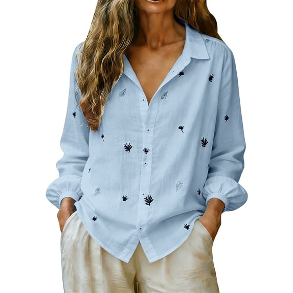 QASIEATN Womens Cotton Linen Shirt V Neck Button Down Roll Up Long Sleeve Lapel Blouse Tops