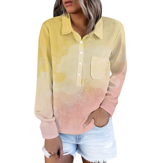 QASIEATN Womens Long Sleeve Tops Casual Loose Fit Tie Dye Shirts Trendy Mesh Button Down Collared Business Work Blouse
