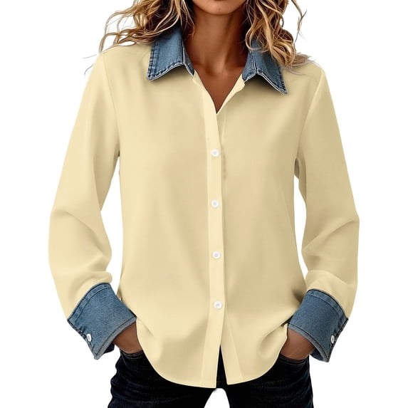 QASIEATN Womens Oversized Shirts Long Sleeve Mock Turtleneck V Neck Button Down Denim Pullover Shirts