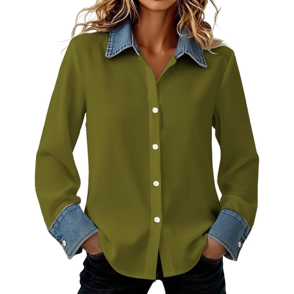 QASIEATN Womens Oversized Shirts Long Sleeve Mock Turtleneck V Neck Button Down Denim Pullover Shirts