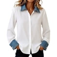 thumbnail image 1 of QASIEATN Womens Oversized Shirts Long Sleeve Mock Turtleneck V Neck Button Down Denim Pullover Shirts, 1 of 8