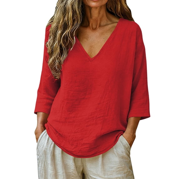 QASIEATN Womens Summer Tops Casual Linen Cotton Blouse 3/4 Sleeve V Neck Shirts Vacation Tees Fall Fashion Outfits