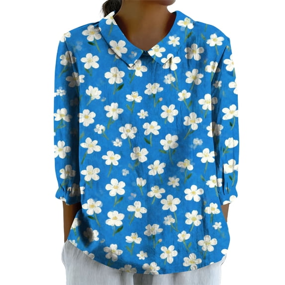 QASIEATN Womens Summer Tops Lapel Retro Button Down Loose Top Casual Cotton and Linen Shirt 3/4 Sleeve Shirt