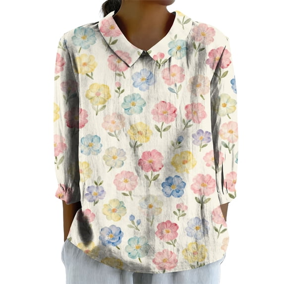 QASIEATN Womens Summer Tops Lapel Retro Button Down Loose Top Casual Cotton and Linen Shirt 3/4 Sleeve Shirt