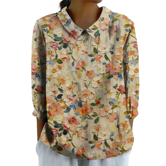 QASIEATN Womens Summer Tops Lapel Retro Button Down Loose Top Casual Cotton and Linen Shirt 3/4 Sleeve Shirt