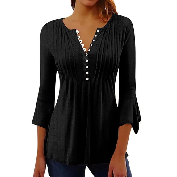 QASIEATN Womens Tops Dressy Casual V Neck Button Down Shirts Pleated Flowy Loose Flare 3/4 Sleeve Tunic Blouse Fall Fashion Outfits