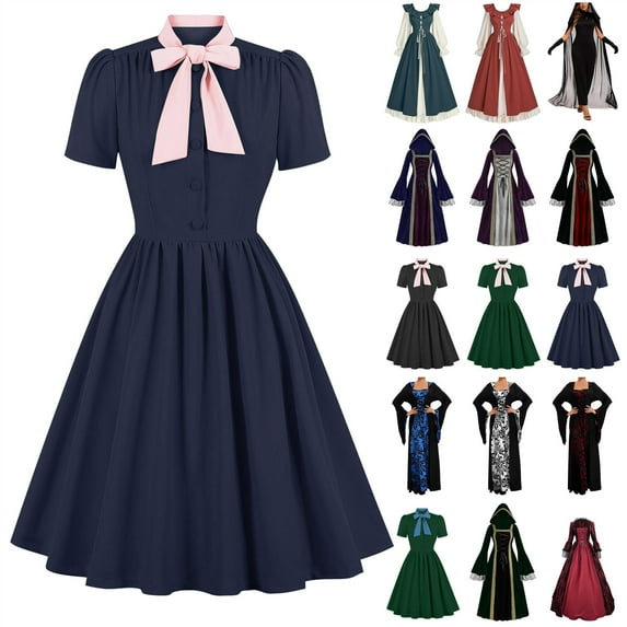 QATAINLAV 1950s Dresses for Women Vintage Rockabilly Short Sleeve Tie Midi Dress Cocktail Party Evening Prom Gown, Black, XXL,