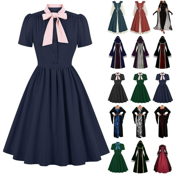 QATAINLAV 1950s Dresses for Women Vintage Rockabilly Short Sleeve Tie Midi Dress Cocktail Party Evening Prom Gown, Blue, L,
