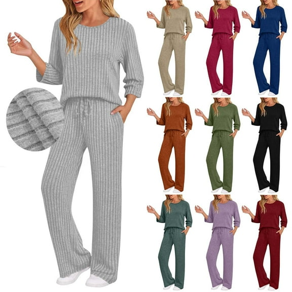 QATAINLAV 2 Piece Lounge Pajamas for Women Casual Ribbed 3/4 Length Sleeve Fall Outfit Matching Sets Sleepwear with Pockets, Gray, XL