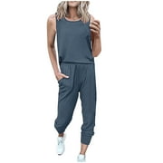 QATAINLAV 2 Piece Outfit for Women Summer Sleeveless Tank Tops and Capris Pants with Pockets Sets Basic Solid Casual Harem Sweatpants Sport Suits Oferta Flash Para Hoy Navy M