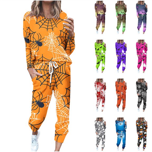 QATAINLAV 2 Piece Outfits for Women 2024 Halloween Print Tracksuit Long Sleeve Pullover Tops and Drawstring Harem Sweatpants with Pockets Plus Size Lounge Set Lightning Sales of Today Prime Orange XL