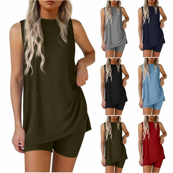 QATAINLAV 2 Piece Outfits for Women 2025 Summer Matching Lounge Set Cotton Sleeveless Long Hem Tanks and Shorts Sets Sleepwear Gray M Ofertas Del Dia de Hoy Relampago