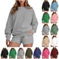 thumbnail image 1 of QATAINLAV 2 Piece Outfits for Women Long Sleeve Sweatshirt & Shorts Lounge Matching Sets Solid Casual Sweatsuit Fall Clothes, Army Green, XL,, 1 of 9