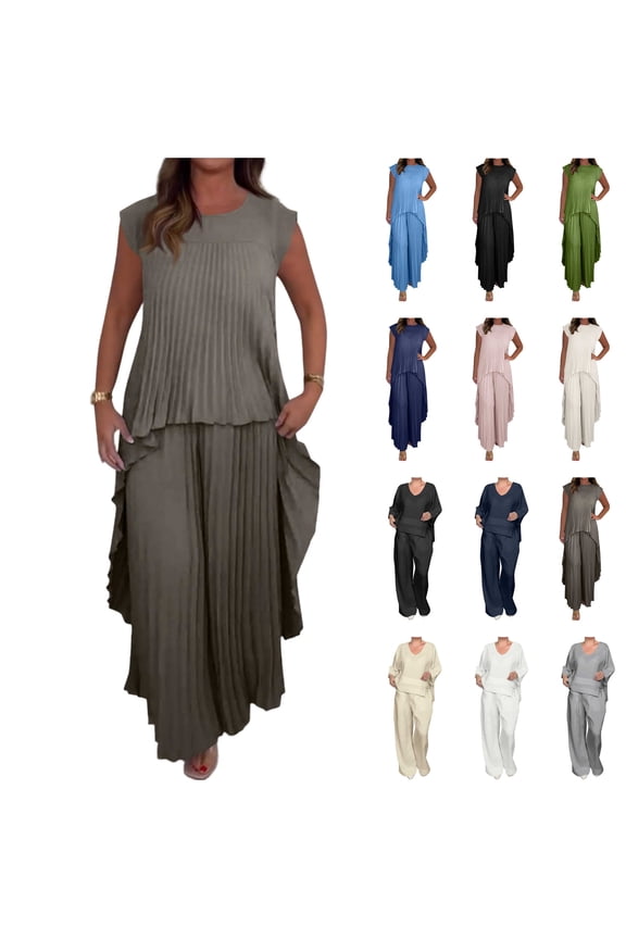 Lounge Set for Women 2 Piece Cute Cap Sleeve Crew Neck Tops and Wide Leg Pants Casual Pleated Matching Sets Loose Sleepwear, Blue, XXL