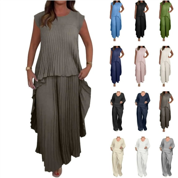 QATAINLAV Womens Two Piece Outfits Pleated Sleeveless Irregular Midi Tops and Elastic Waist Wide Leg Pants Matching Sets, Navy, S