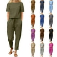 thumbnail image 1 of QATAINLAV 2 Piece Outfits for Women Summer Cotton Linen Casual Matching Set Solid Short Sleeve T Shirts and Long Pants with Pockets Gray XL, 1 of 5