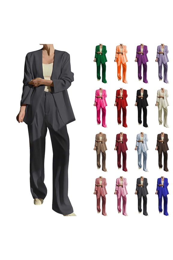 Business Casual Outfits for Women Long Sleeve Lapel Blazer Jacket and Wide Leg Pants 2 Piece Sets Solid Color Fall Clothes Office Work Suits, Black, L